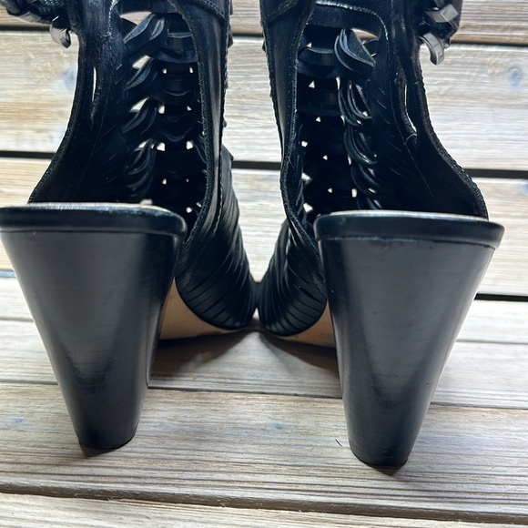 Vince Camuto EMORE Caged Woven Leather Heeled Sandals 8 1/2M / 38 1/2 Black - Picture 6 of 8